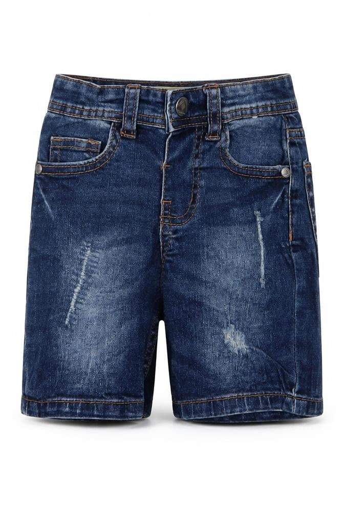 Front view of Denim & Co. boys’ blue cotton cargo trousers, size 18, months button - shorts