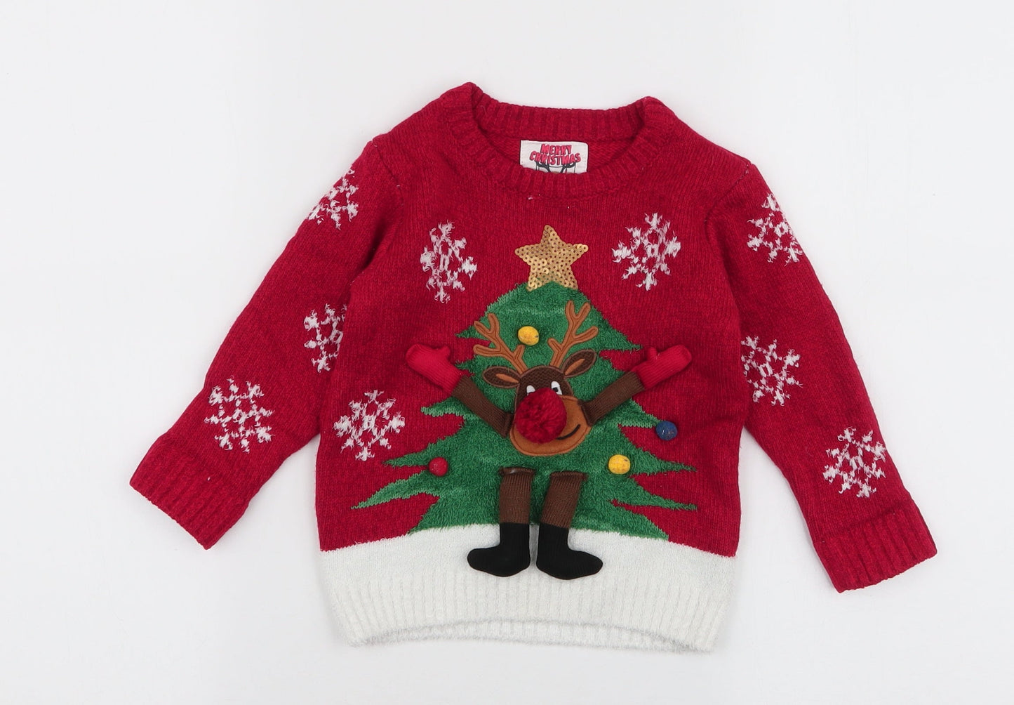 F&F Boys Red  Acrylic Pullover Jumper Size 12-18 Months  Pullover - Reindeer Christmas tree