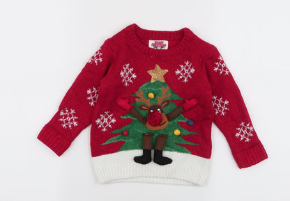 F&F Boys Red  Acrylic Pullover Jumper Size 12-18 Months  Pullover - Reindeer Christmas tree