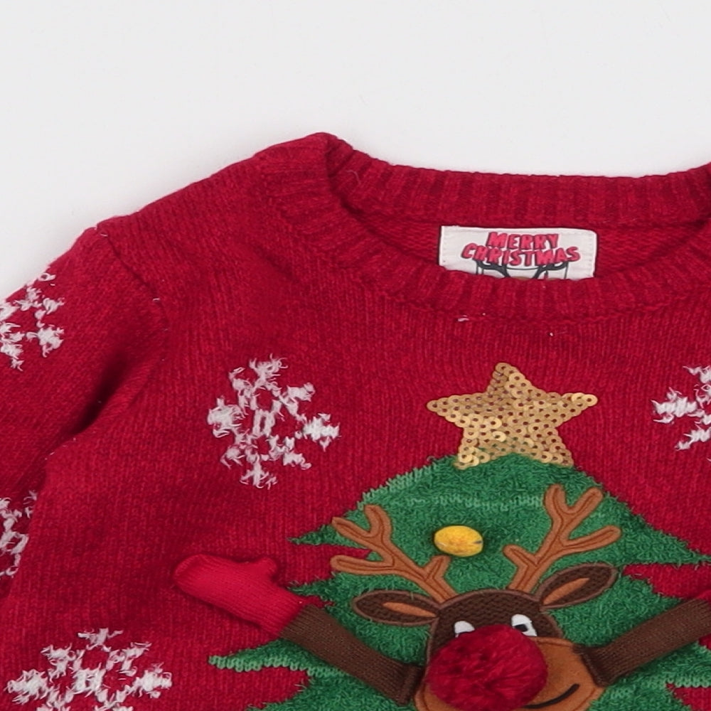 F&F Boys Red  Acrylic Pullover Jumper Size 12-18 Months  Pullover - Reindeer Christmas tree