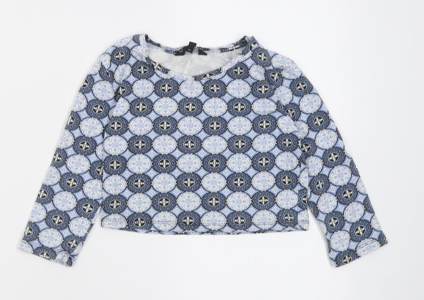 Matalan Girls Blue Geometric Cotton Cropped T-Shirt Size 9 Years Crew Neck Pullover