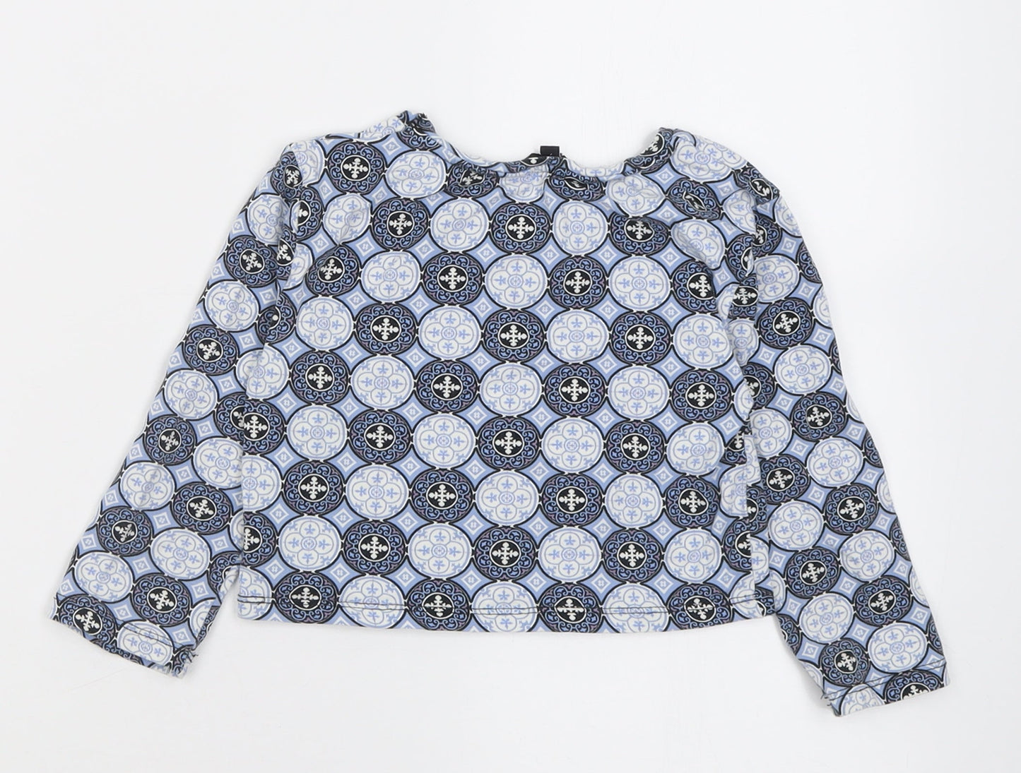 Matalan Girls Blue Geometric Cotton Cropped T-Shirt Size 9 Years Crew Neck Pullover