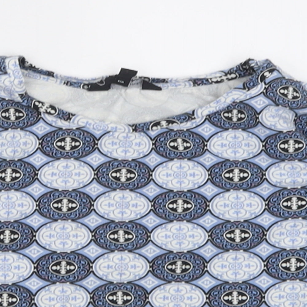 Matalan Girls Blue Geometric Cotton Cropped T-Shirt Size 9 Years Crew Neck Pullover