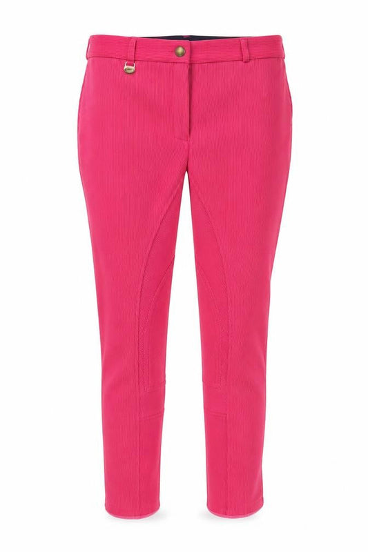 Front view of Requisite women’s pink polyester capri trousers, size UK 8, 30-inch leg regular button