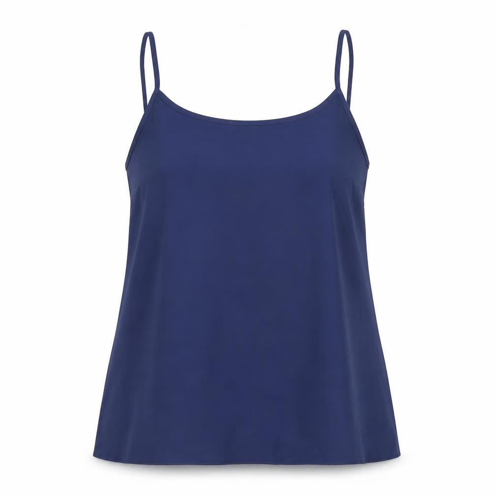 Front view of apaya women’s blue polyester basic tank, size UK 12, scoop neck
