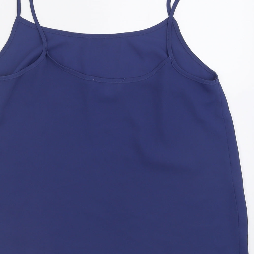 Brand and care label for apaya women’s blue polyester basic tank, size UK 12, scoop neck