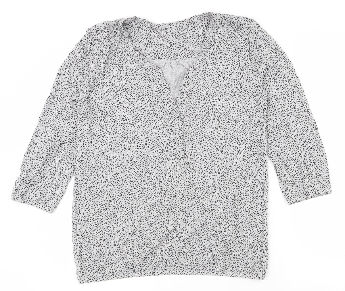 Additional front view of EAC women’s grey geometric viscose basic blouse, size S, v-neck