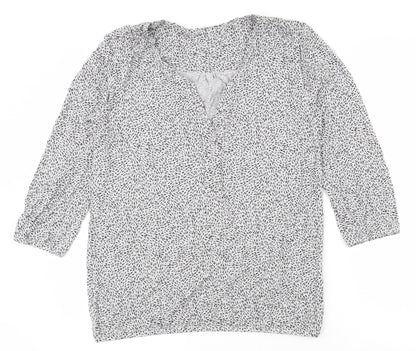 Additional front view of EAC women’s grey geometric viscose basic blouse, size S, v-neck