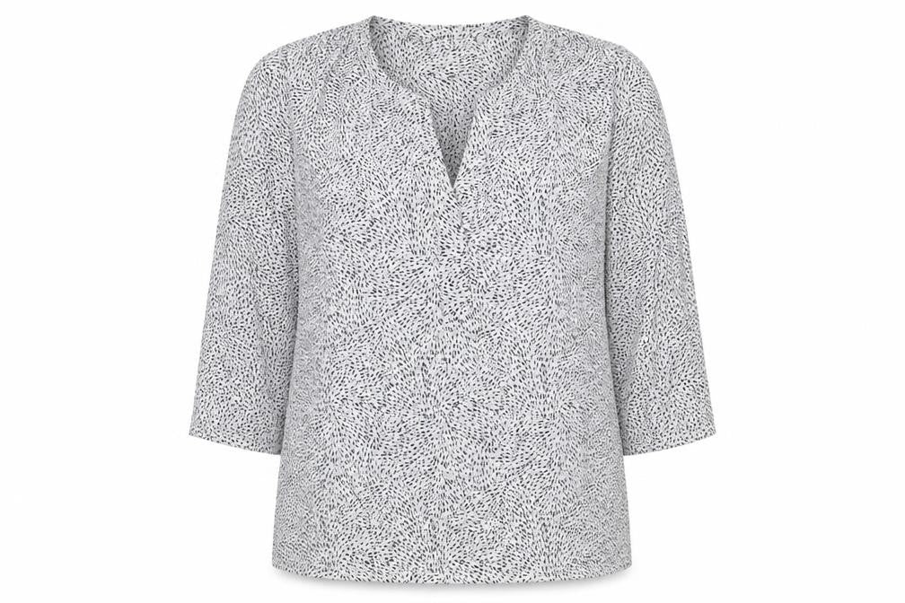 Front view of EAC women’s grey geometric viscose basic blouse, size S, v-neck