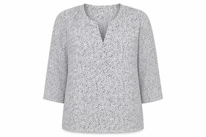 Front view of EAC women’s grey geometric viscose basic blouse, size S, v-neck