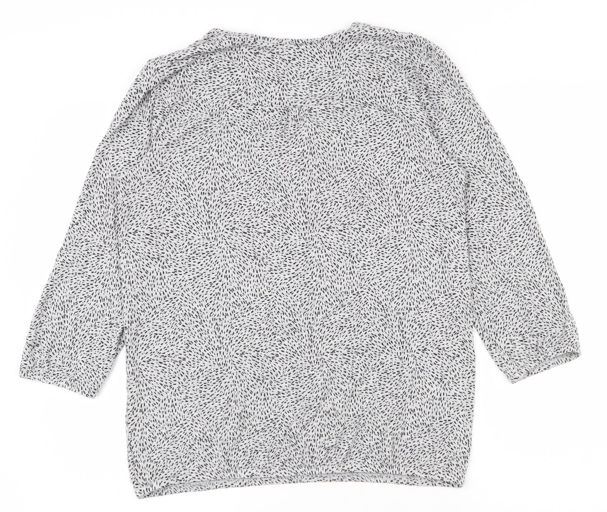 Back view of EAC women’s grey geometric viscose basic blouse, size S, v-neck