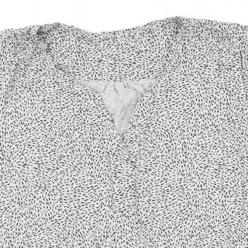 Close-up detail of EAC women’s grey geometric viscose basic blouse, size S, v-neck