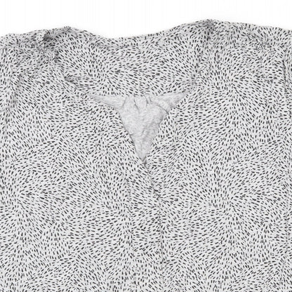 Close-up detail of EAC women’s grey geometric viscose basic blouse, size S, v-neck