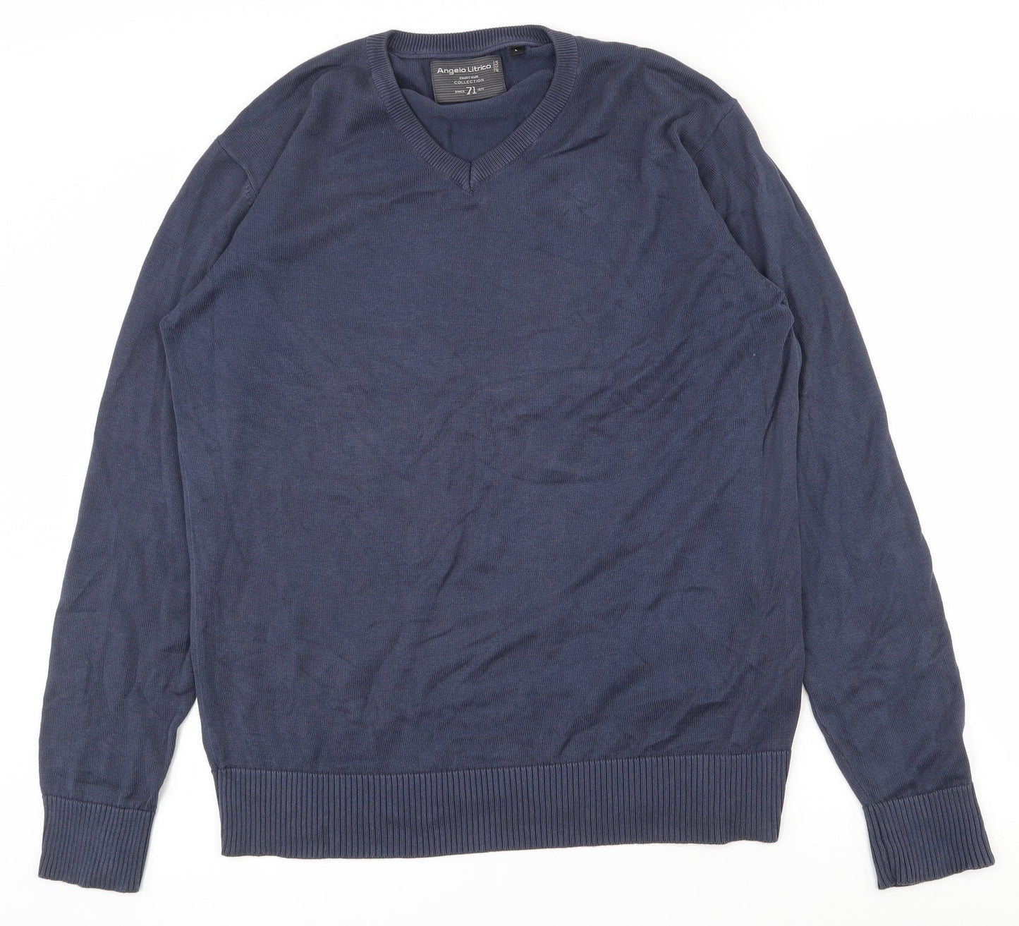 Angelo Litrico Mens Blue V-Neck  Cotton Pullover Jumper Size L