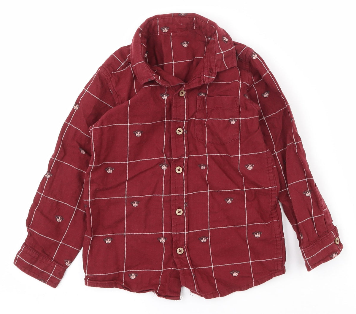 Front view of Dunnes boys’ red check 100% cotton basic casual, size 2-3, years collared button