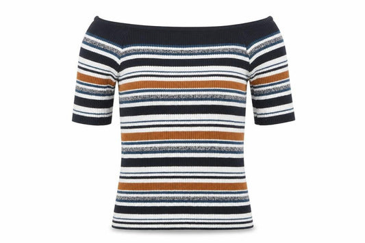 Front view of Atmosphere women’s multicoloured striped cotton basic blouse, size UK 6, off the shoulder