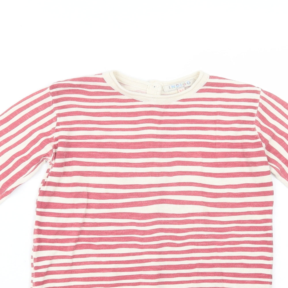 Indigo Girls Beige Crew Neck Striped Cotton Tunic Jumper Size 6-7 Years  Button