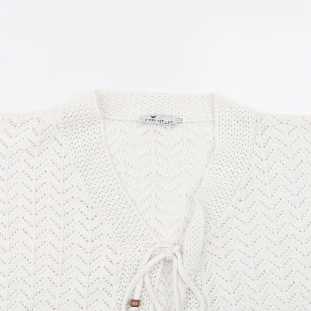 Etiquette London Womens White V-Neck  Acrylic Cardigan Jumper Size S