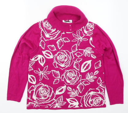 Gerard Womens Pink Roll Neck Floral Acrylic Pullover Jumper Size M