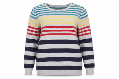 Front view of Paco Boutique women’s grey crew neck striped viscose jumper, size UK 14, - red yellow and blue stripes