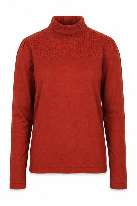 Front view of Therapy women’s red roll neck acrylic jumper, size UK 8