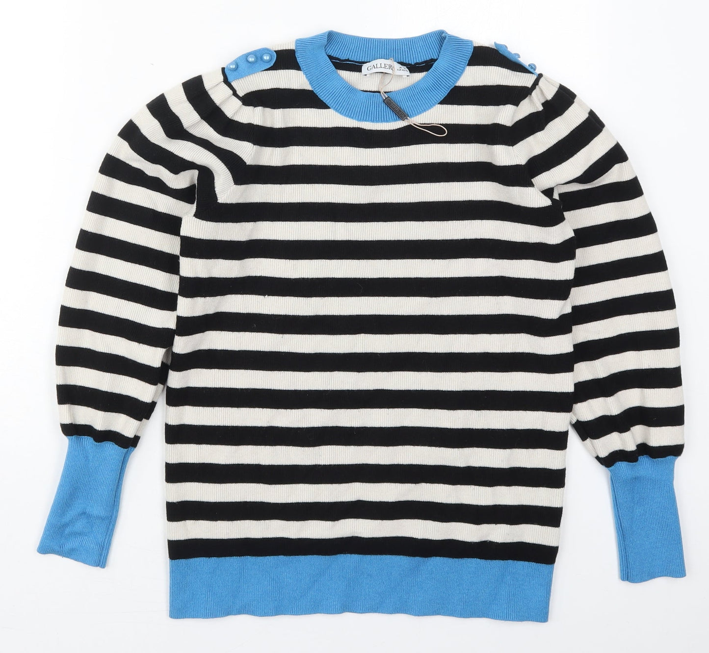 Gallery Womens Black Crew Neck Striped Viscose Pullover Jumper Size M   - Blue