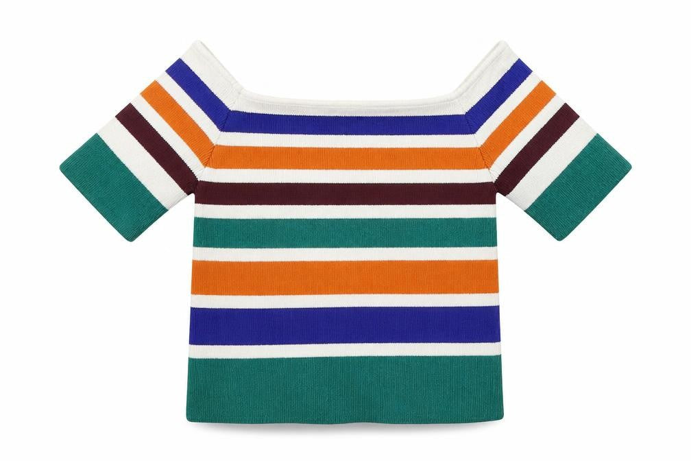 Front view of Cooperative women’s multicoloured striped viscose jersey t-shirt, size S, square neck