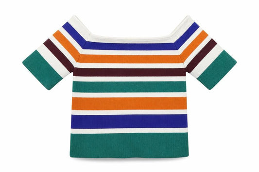 Front view of Cooperative women’s multicoloured striped viscose jersey t-shirt, size S, square neck
