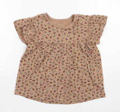George Girls Brown Animal Print Cotton Basic T-Shirt Size 4-5 Years Round Neck Pullover