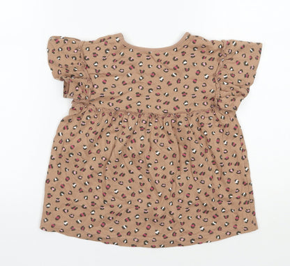 George Girls Brown Animal Print Cotton Basic T-Shirt Size 4-5 Years Round Neck Pullover