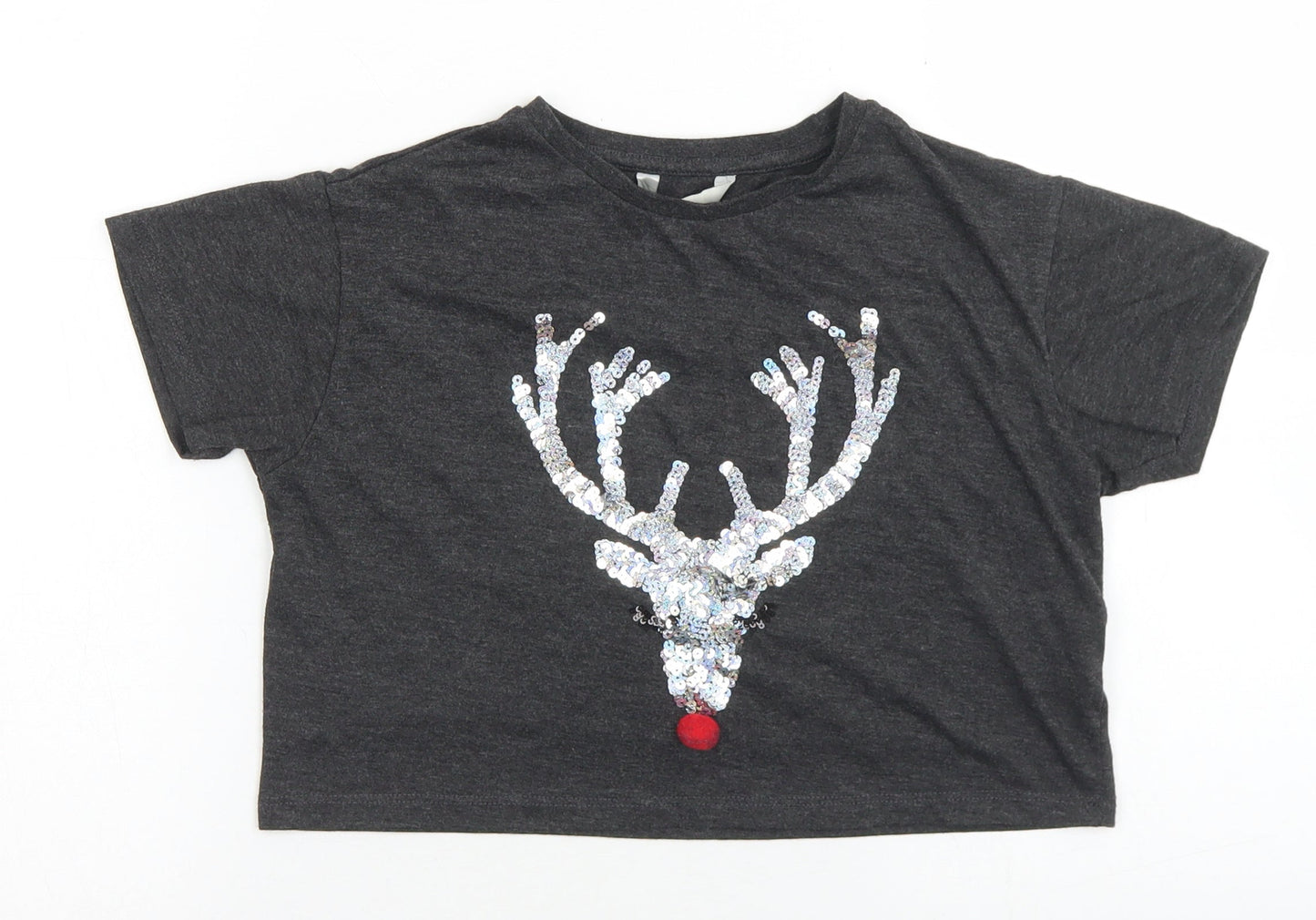 Miss e-vie Girls Grey  Polyester Cropped T-Shirt Size 7-8 Years Crew Neck  - Reindeer Christmas