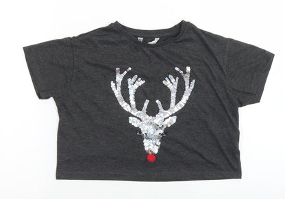 Miss e-vie Girls Grey  Polyester Cropped T-Shirt Size 7-8 Years Crew Neck  - Reindeer Christmas