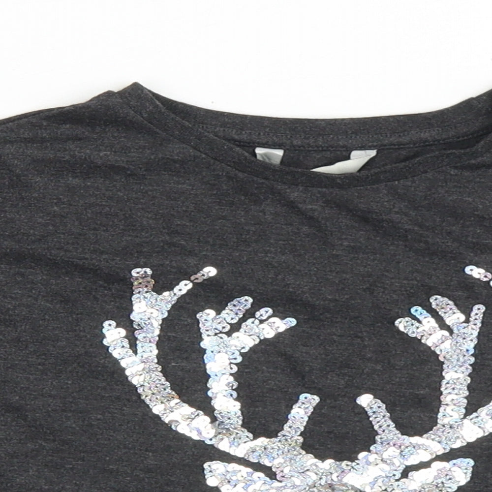Miss e-vie Girls Grey  Polyester Cropped T-Shirt Size 7-8 Years Crew Neck  - Reindeer Christmas