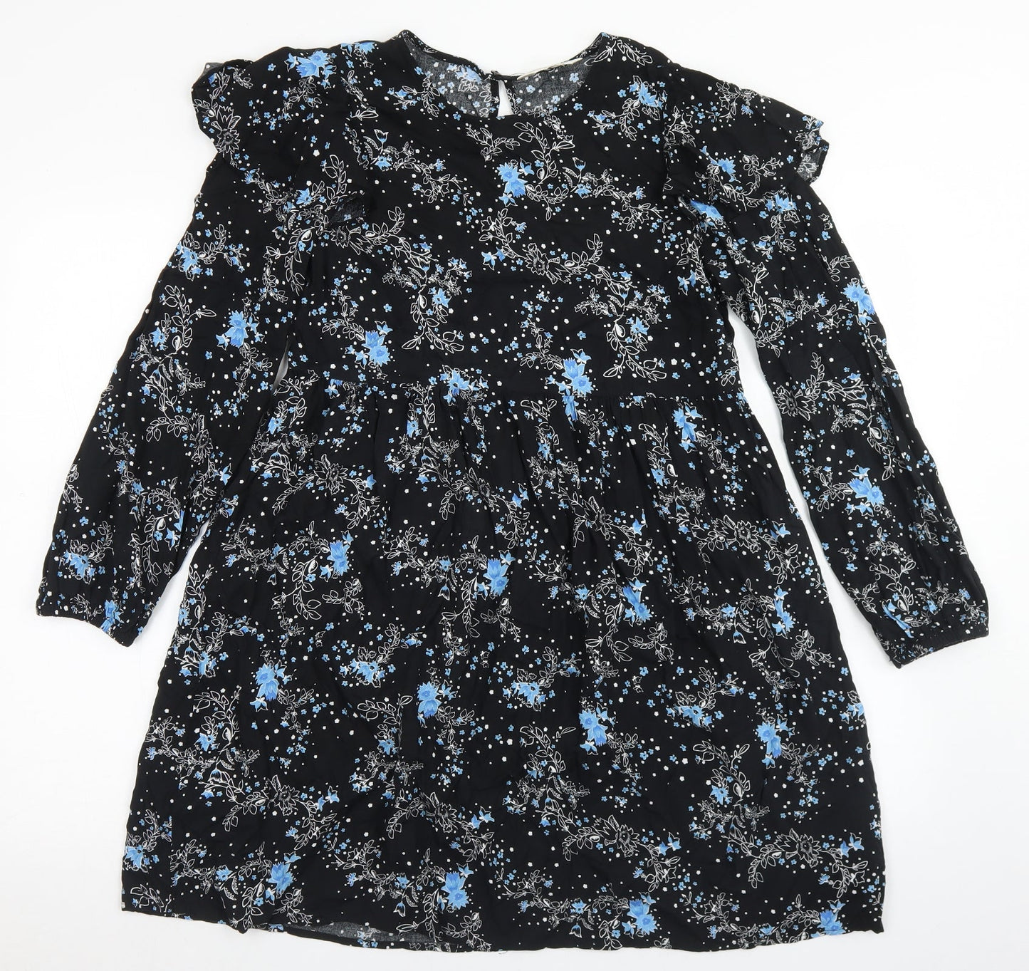 Miss Selfridge Womens Black Floral Viscose Trapeze & Swing  Size 8  Round Neck Button - Smock Dress