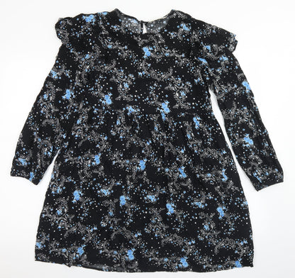 Miss Selfridge Womens Black Floral Viscose Trapeze & Swing  Size 8  Round Neck Button - Smock Dress