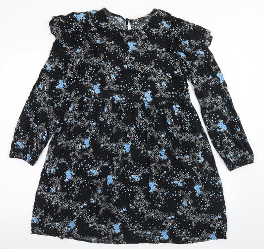 Miss Selfridge Womens Black Floral Viscose Trapeze & Swing  Size 8  Round Neck Button - Smock Dress