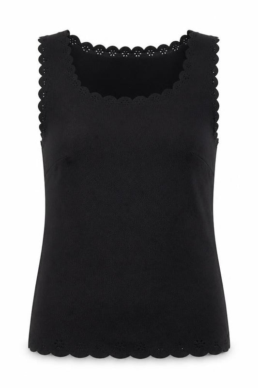 Front view of Atmosphere women’s black polyester basic tank, size UK 6, round neck - scalloped edging