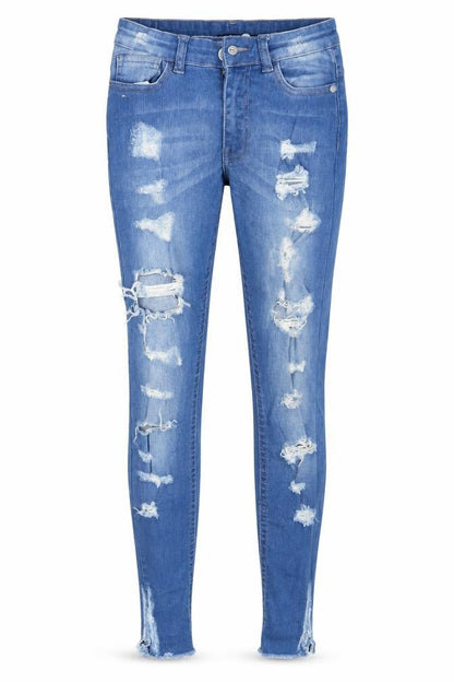 Front view of Boohoo women’s blue cotton skinny jeans, size UK 6, 27-inch leg slim zip