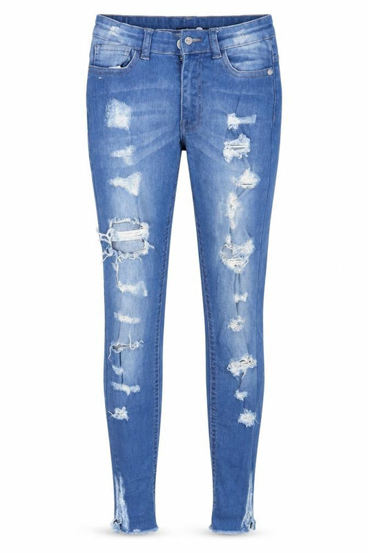Front view of Boohoo women’s blue cotton skinny jeans, size UK 6, 27-inch leg slim zip