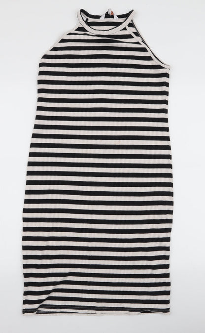 Blue Inc Womens Black Striped Cotton Bodycon  Size 12  High Neck Pullover