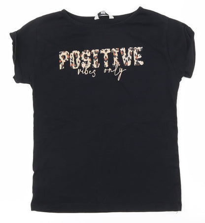 Miss Evie Girls Black  100% Cotton Pullover T-Shirt Size 9-10 Years Round Neck Pullover