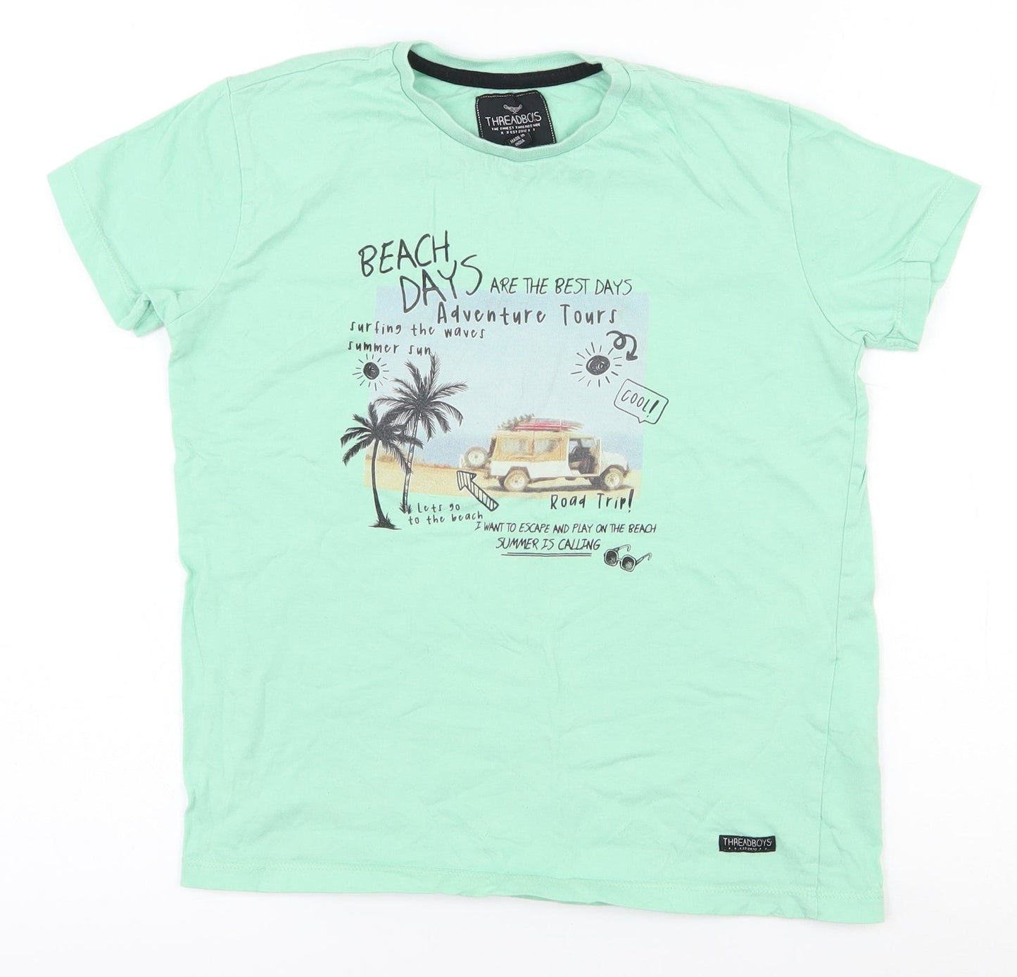 THREADBOYS Boys Green  100% Cotton Pullover T-Shirt Size 9-10 Years Crew Neck Pullover