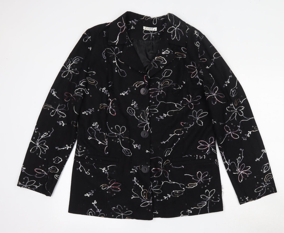 Additional front view of Exclusive women’s black floral jacket blazer, size M, button