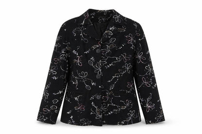 Front view of Exclusive women’s black floral jacket blazer, size M, button