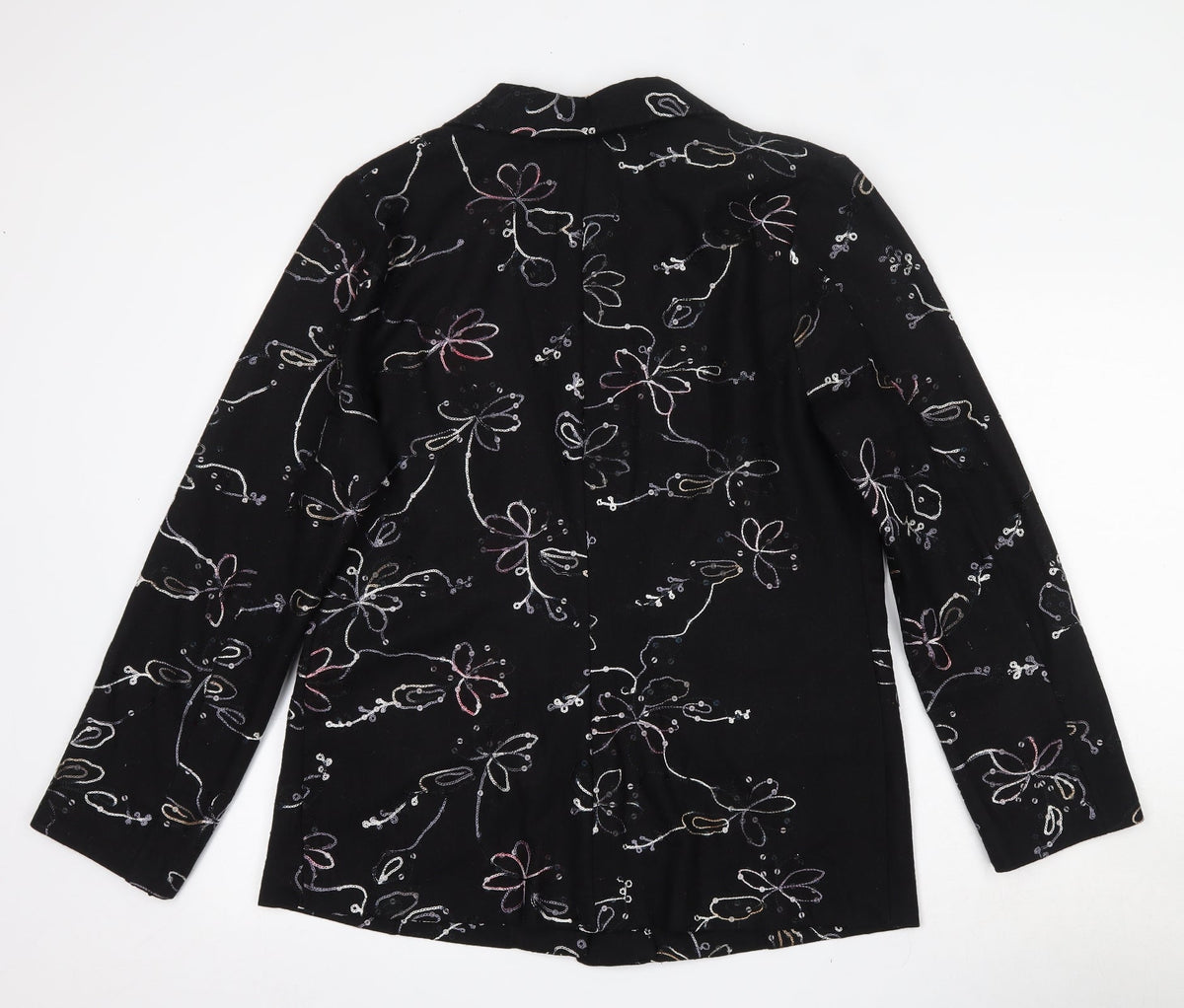 Back view of Exclusive women’s black floral jacket blazer, size M, button