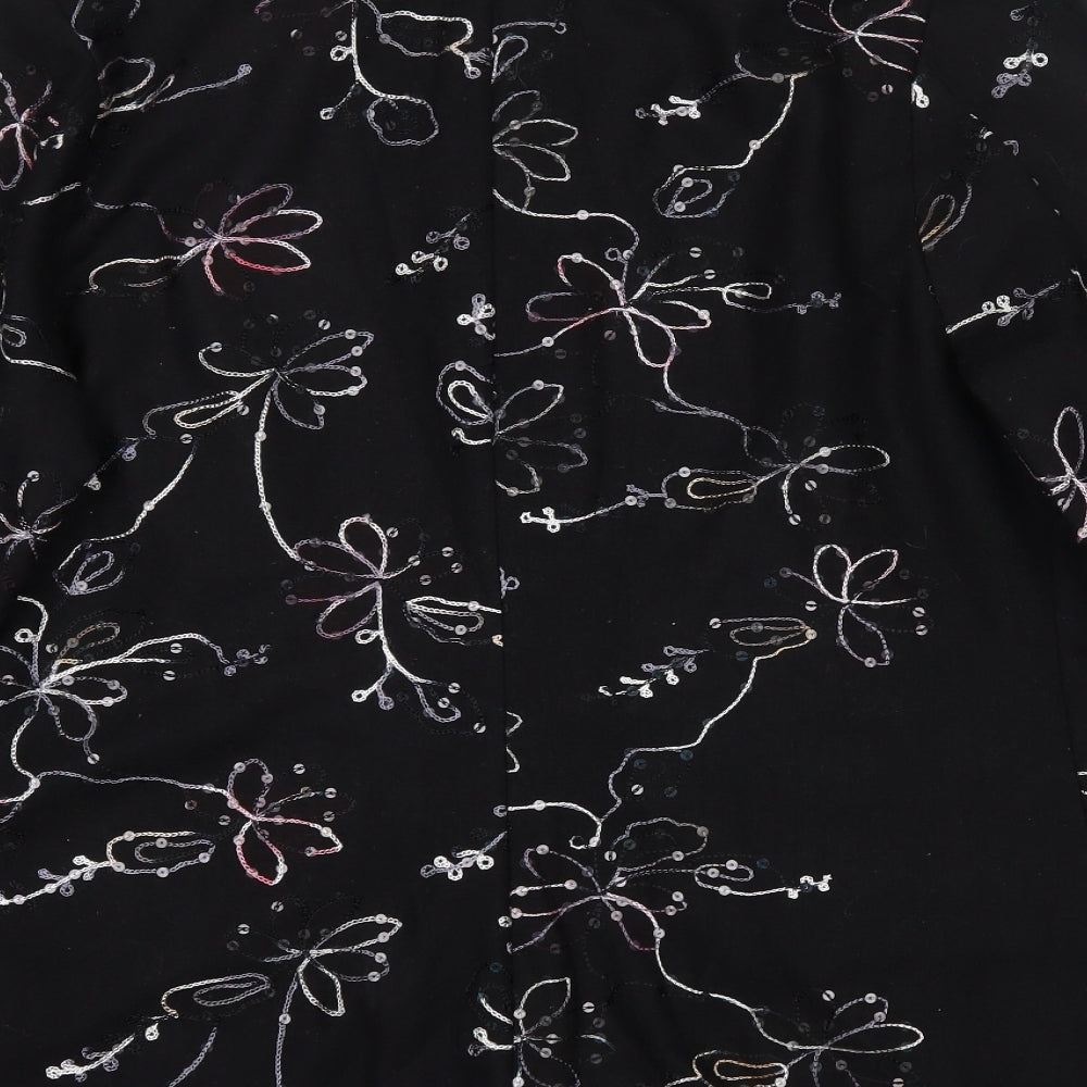 Brand and care label for Exclusive women’s black floral jacket blazer, size M, button