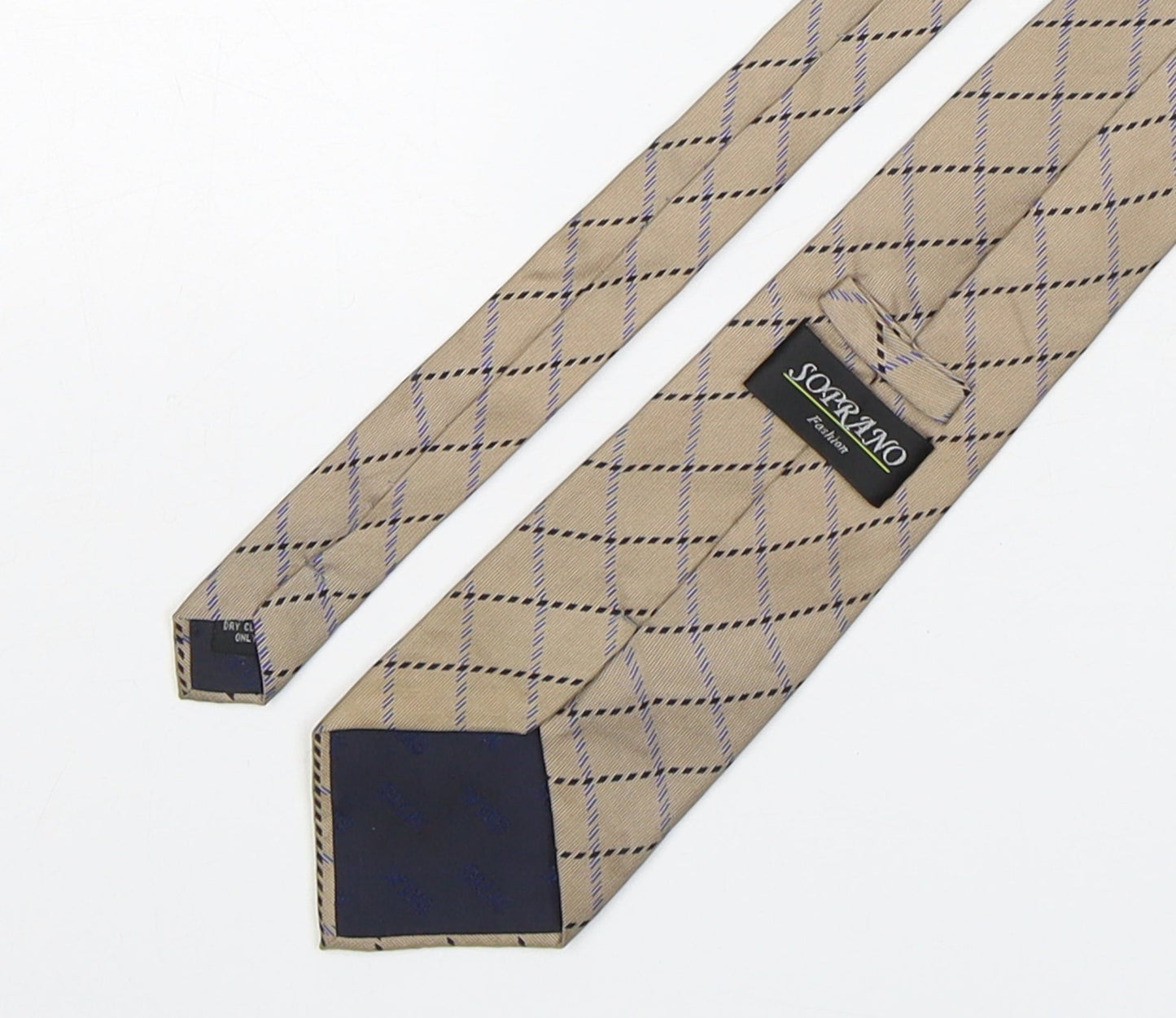 Soprano Mens Beige Plaids & Checks Silk Pointed Tie One Size
