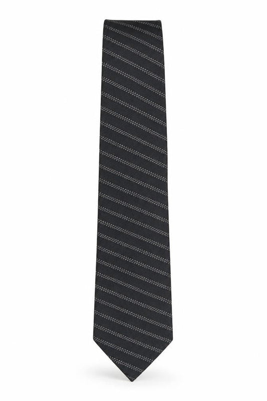 Front view of BHS men’s black striped polyester pointed tie one size