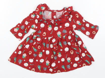 Matalan Girls Red  Cotton Skater Dress  Size Newborn  Round Neck Pullover - Christmas Prints