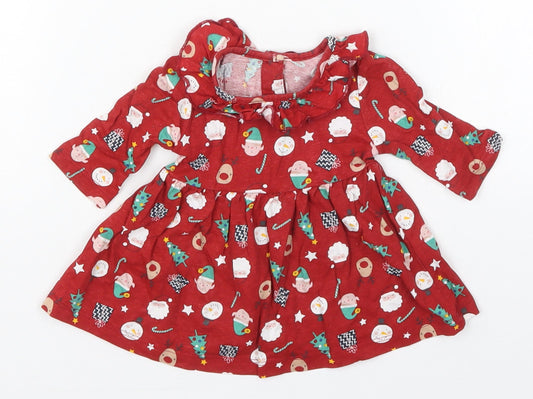 Matalan Girls Red  Cotton Skater Dress  Size Newborn  Round Neck Pullover - Christmas Prints